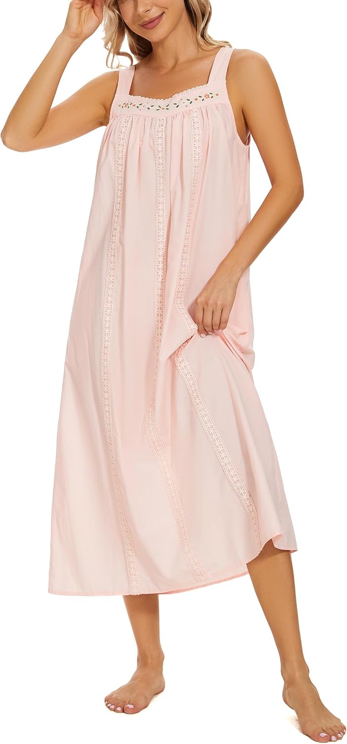 YOZLY Cotton Nightgowns for Women Embroidery Sleeveless Night Gown with Pockets S-XXXL