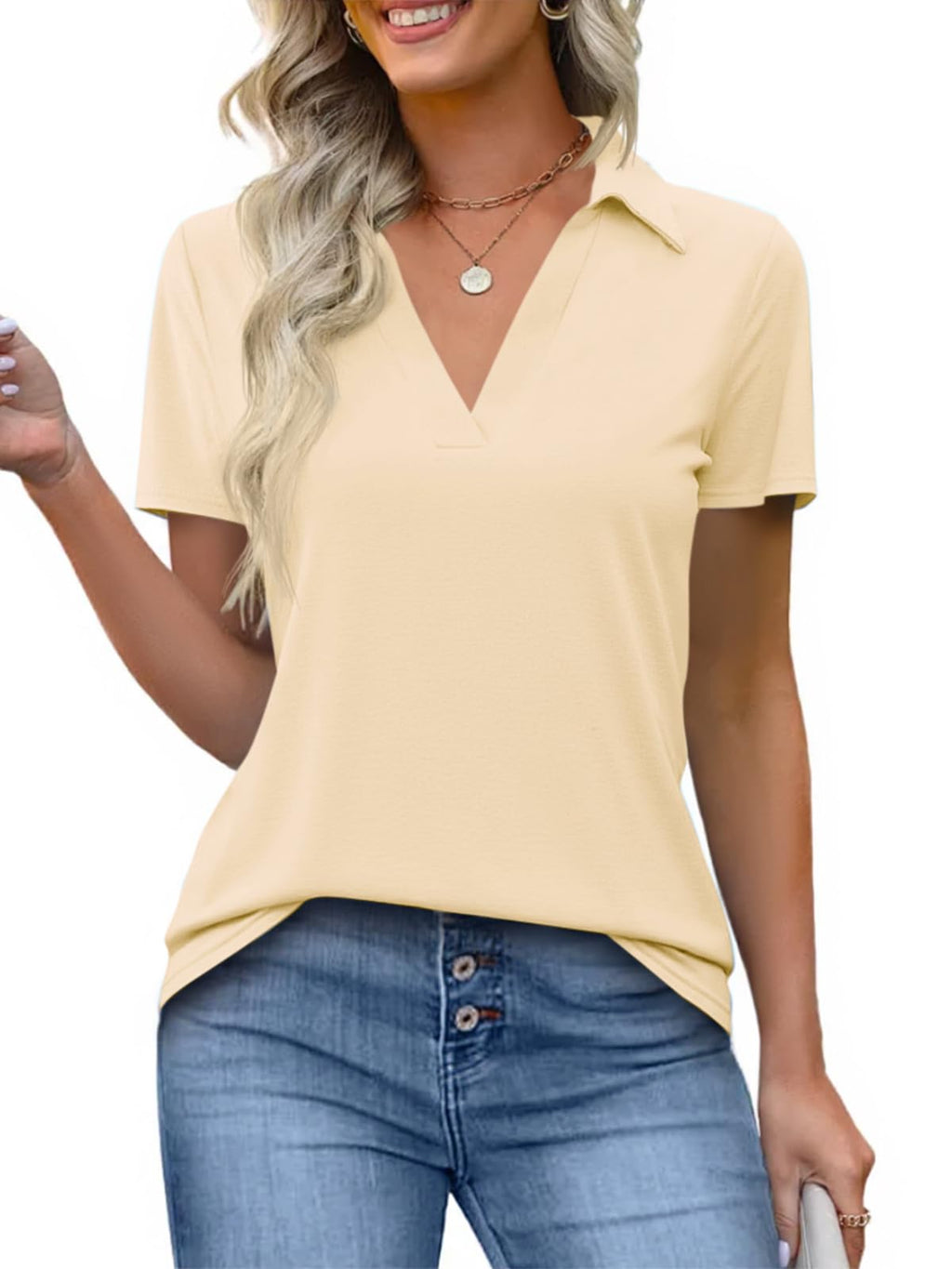 Imily Bela Womens Short Sleeve Polo Shirts V Neck Collared Tops
