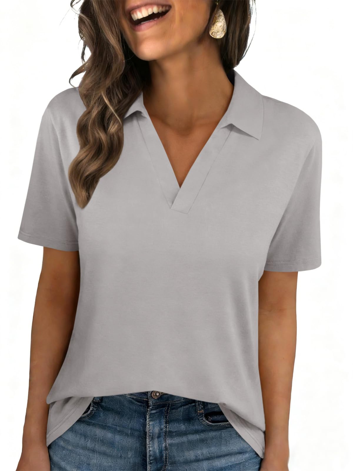 Womens Polo Shirts Short Sleeve V Neck Collared Business Summer Blouse Top