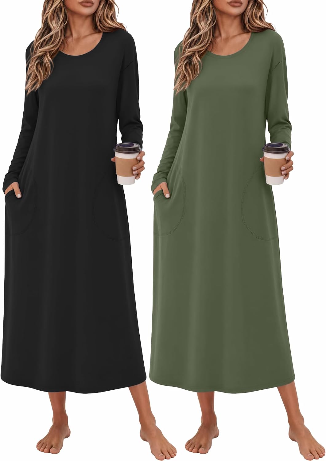 Ekouaer 2 Pack Long Nightgowns for Women Long Sleeve Nightgown with Pocket