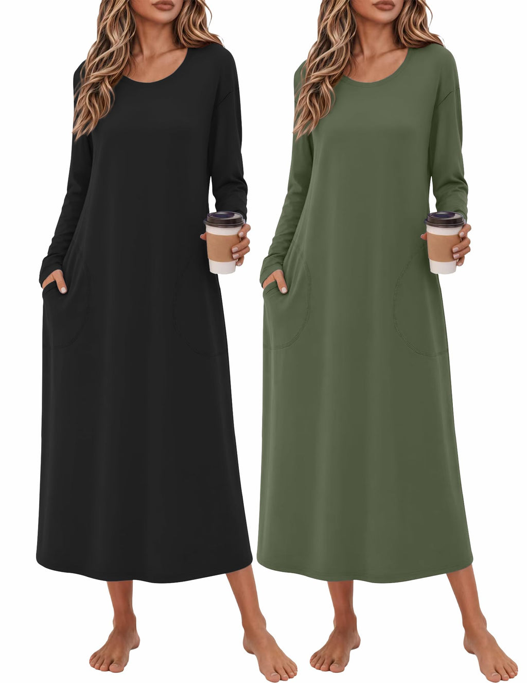Ekouaer 2 Pack Long Nightgowns for Women Long Sleeve Nightgown with Pocket