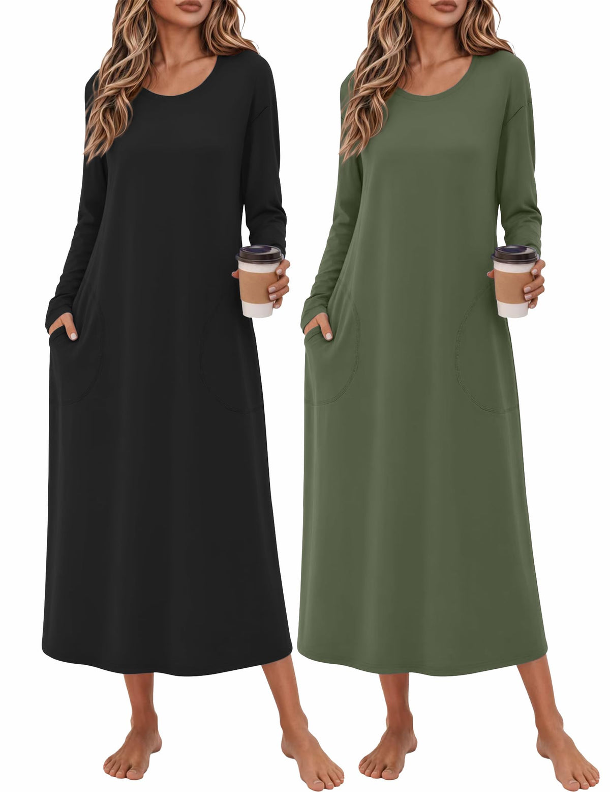 Ekouaer 2 Pack Long Nightgowns for Women Long Sleeve Nightgown with Pocket