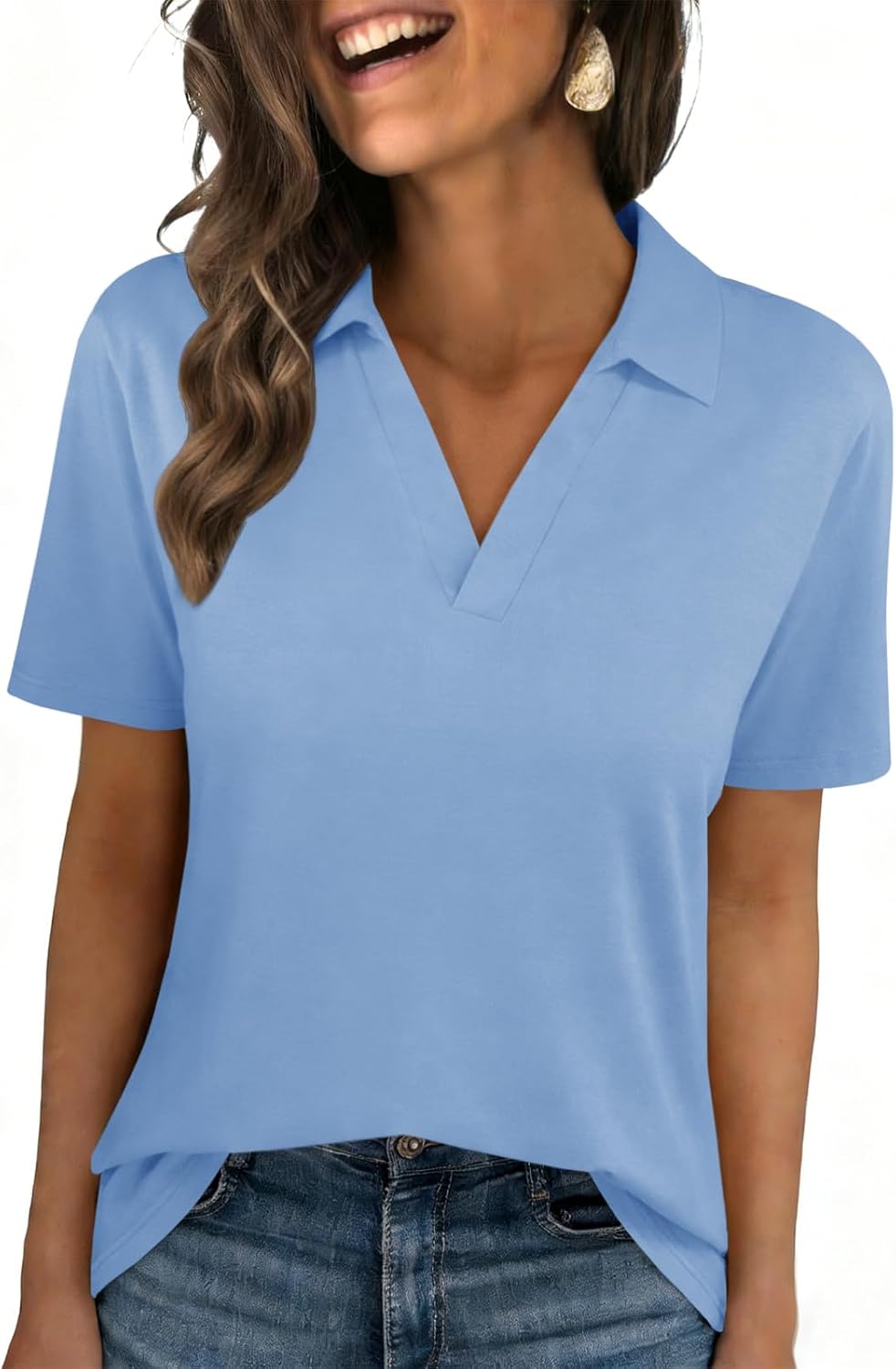 Womens Polo Shirts Short Sleeve V Neck Collared Business Summer Blouse Top