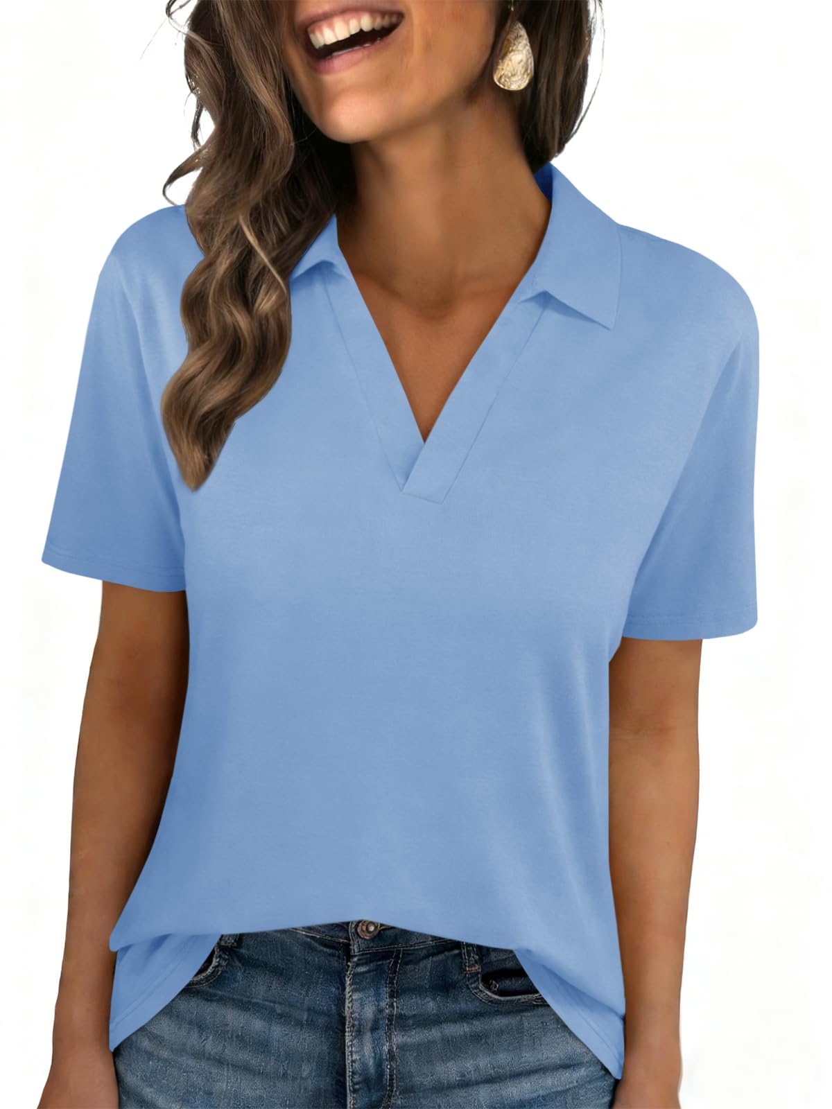 Womens Polo Shirts Short Sleeve V Neck Collared Business Summer Blouse Top