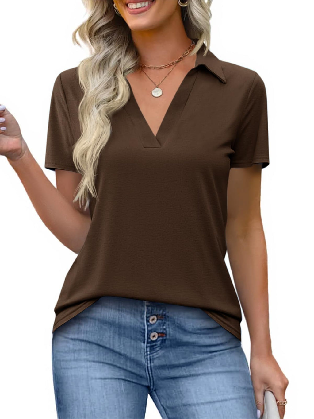 Imily Bela Womens Short Sleeve Polo Shirts V Neck Collared Tops