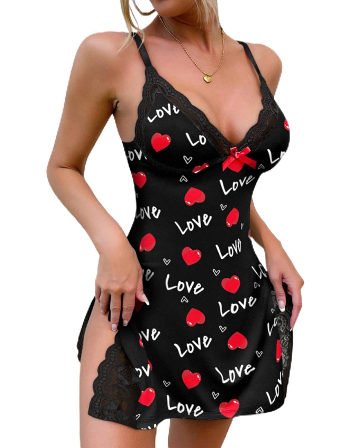 CHICME Women's Lace Trim Nightgown Side Slit Modal Sleep Dress
