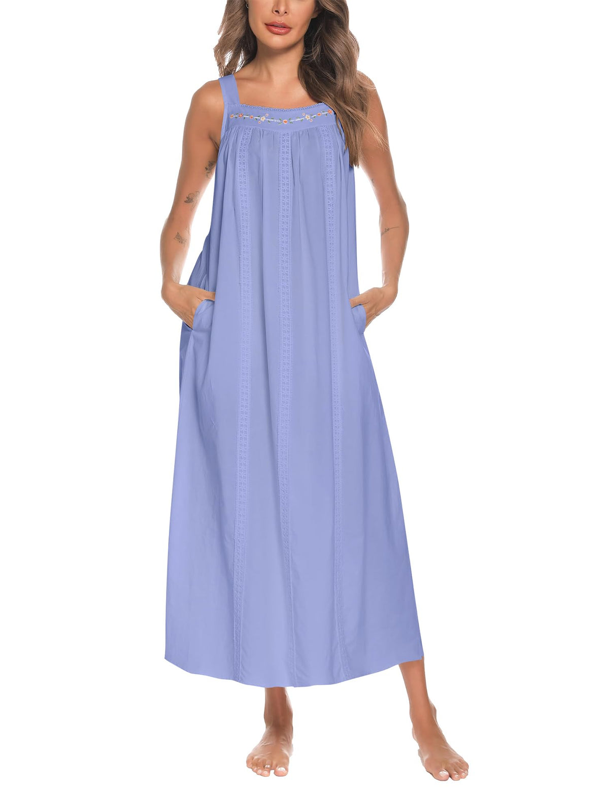 YOZLY Cotton Nightgowns for Women Embroidery Sleeveless Night Gown with Pockets S-XXXL