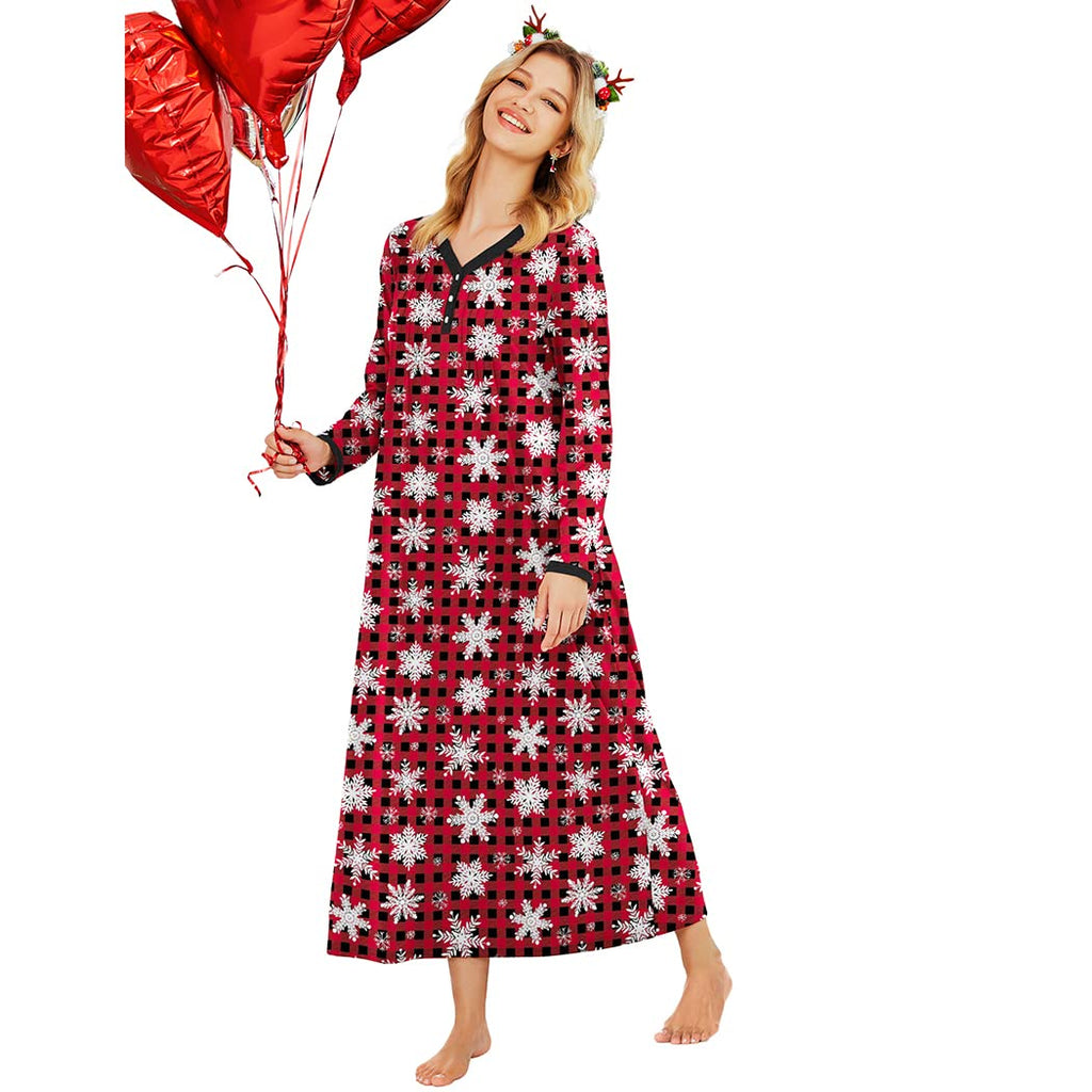 Ekouaer Women's Long Sleeve Nightgown Full Length Sleepwear Long Sleepshirts Henley Sleep Dress