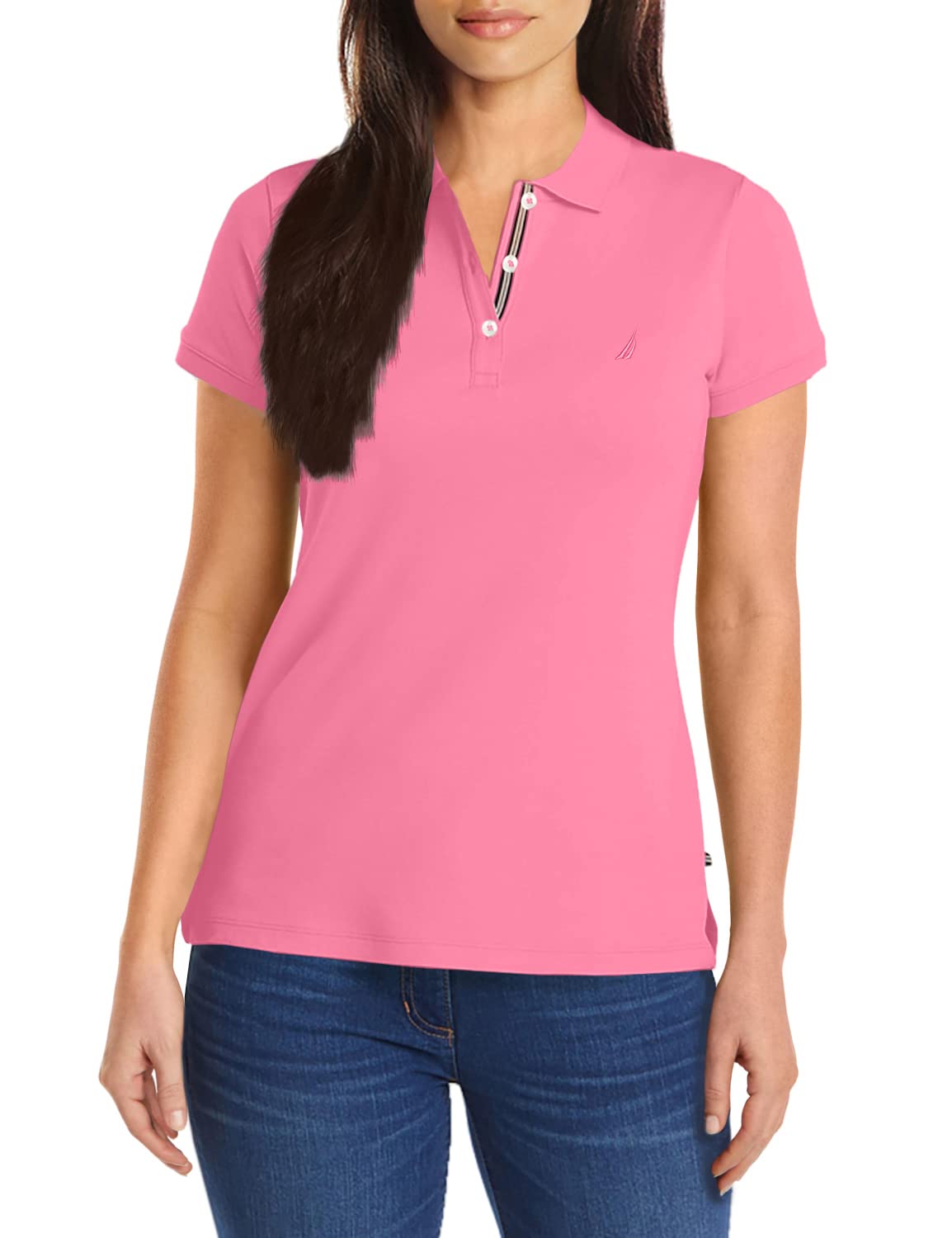 Nautica Women's 3-Button Short Sleeve Breathable 100% Cotton Polo Shirt