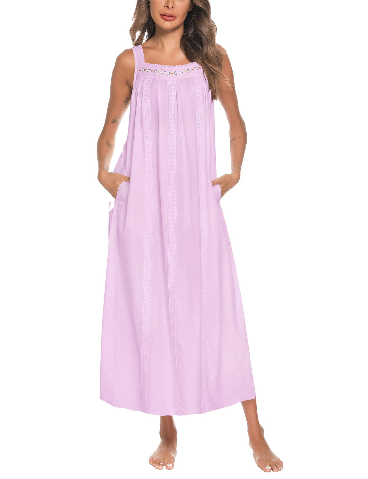 YOZLY Cotton Nightgowns for Women Embroidery Sleeveless Night Gown with Pockets S-XXXL