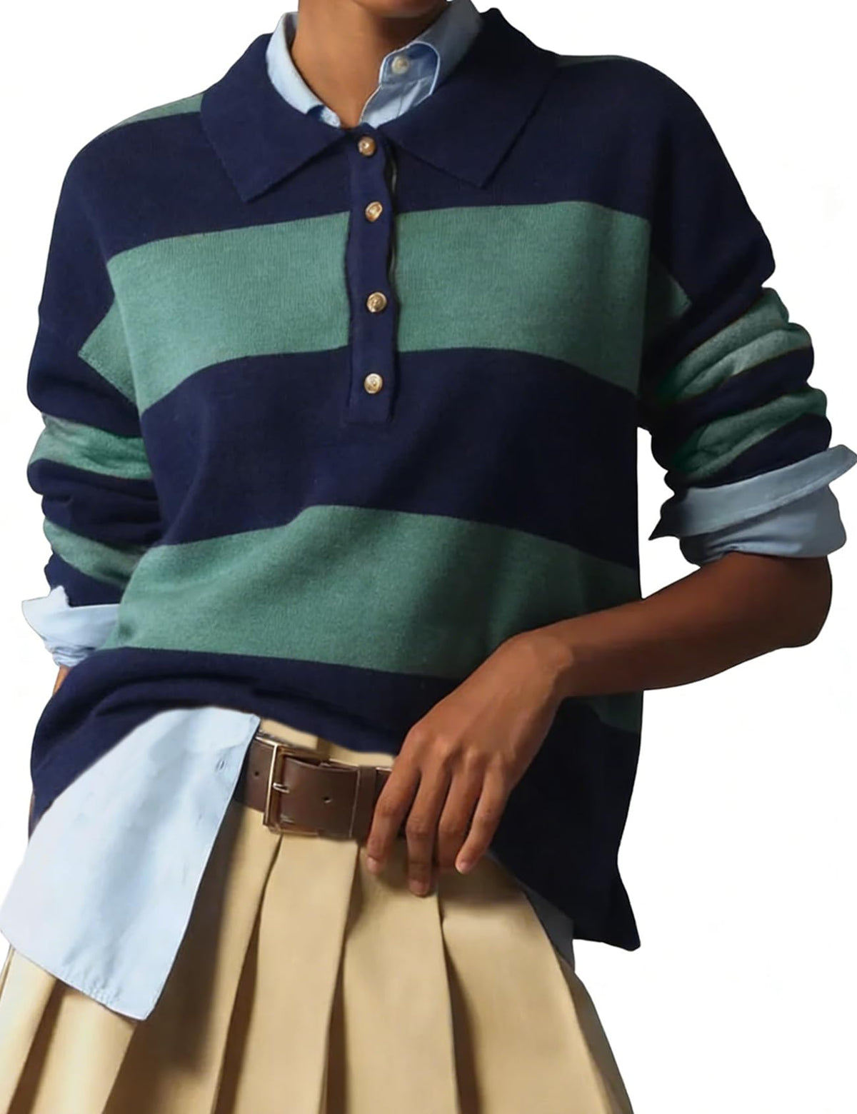 Wyeysyt Polo Sweater Women Rugby Shirt Striped Collared Sweaters