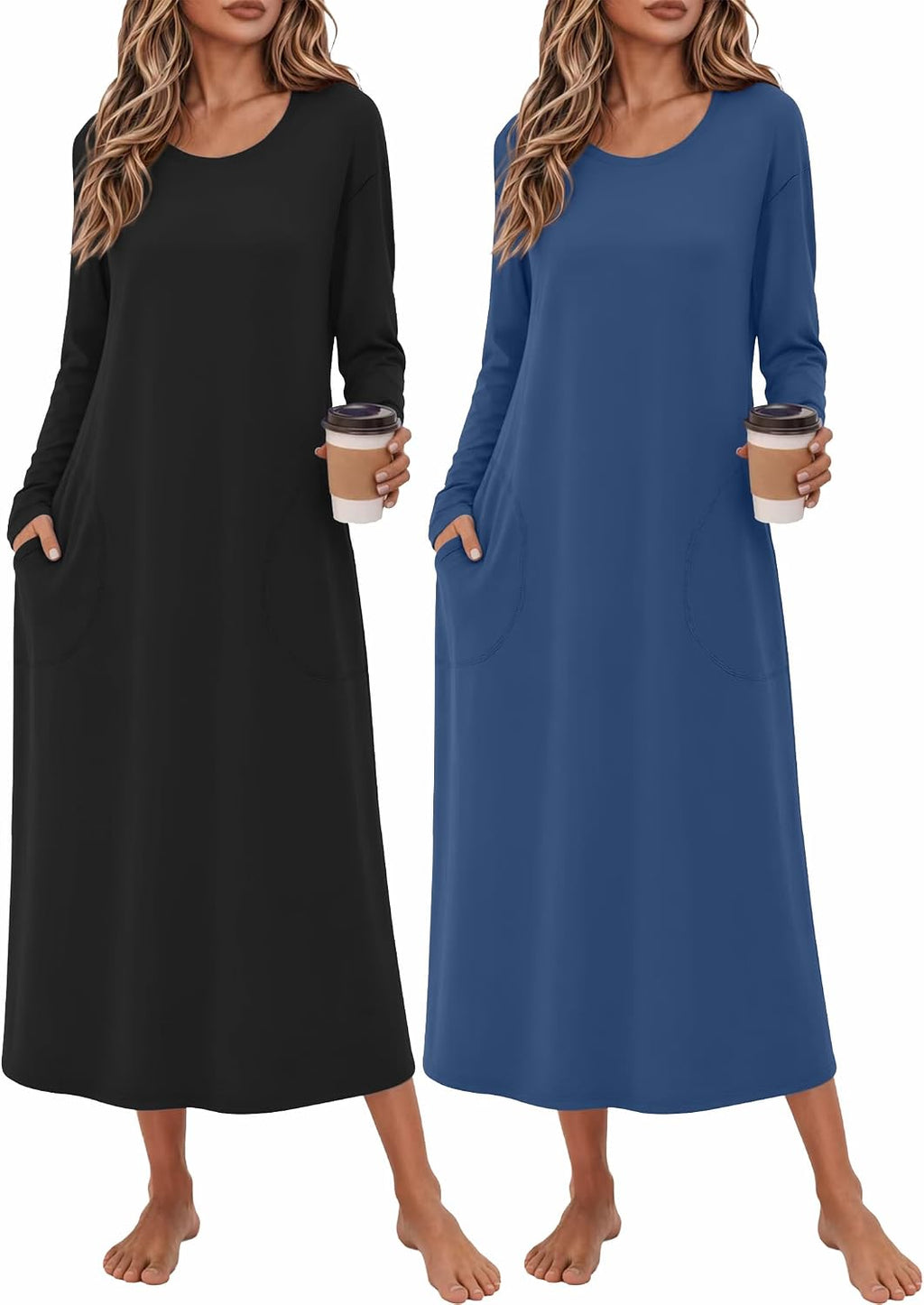Ekouaer 2 Pack Long Nightgowns for Women Long Sleeve Nightgown with Pocket