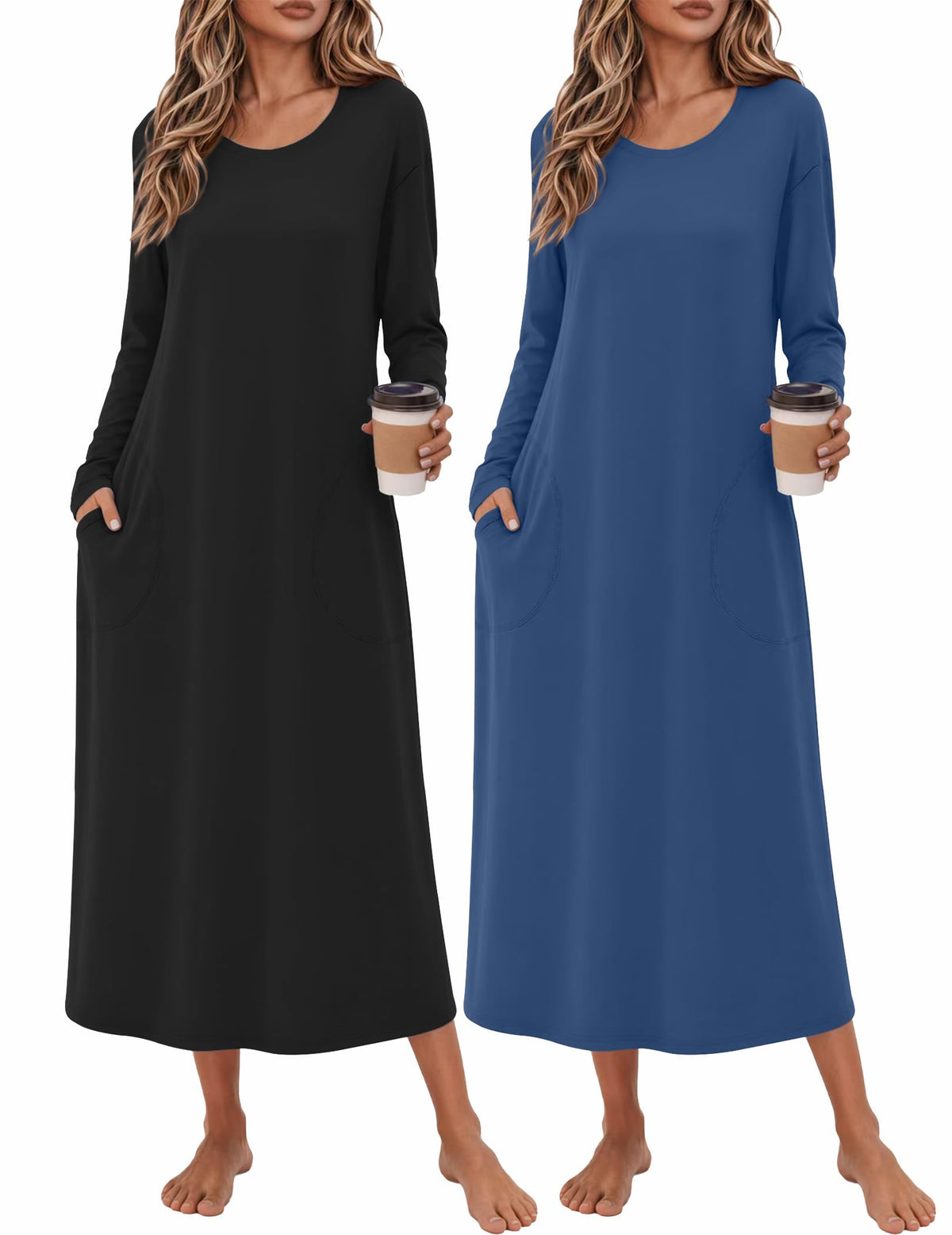 Ekouaer 2 Pack Long Nightgowns for Women Long Sleeve Nightgown with Pocket