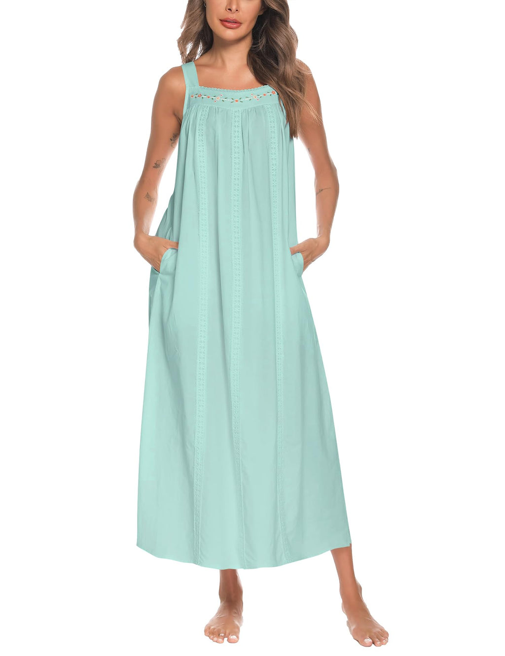 YOZLY Cotton Nightgowns for Women Embroidery Sleeveless Night Gown with Pockets S-XXXL