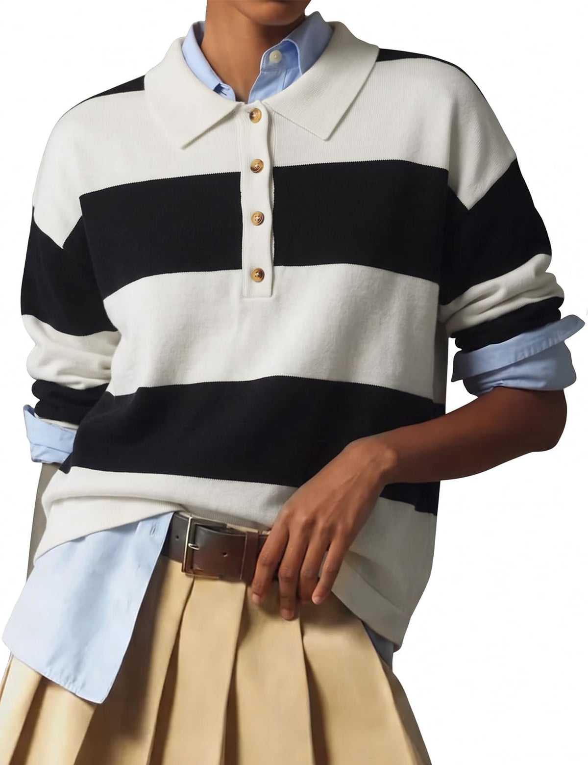 Wyeysyt Polo Sweater Women Rugby Shirt Striped Collared Sweaters