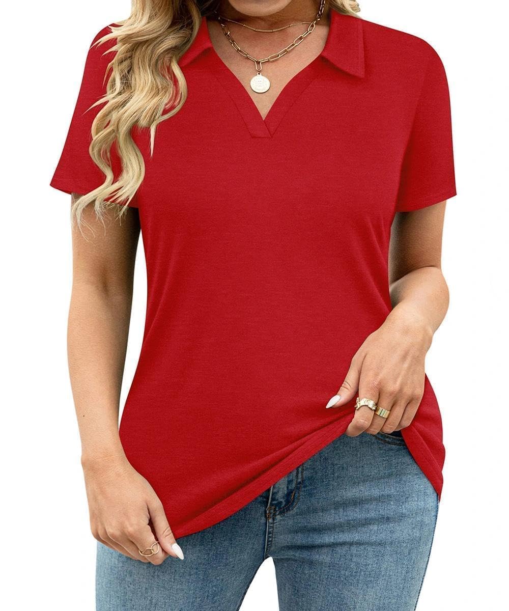TIYOMI Plus Size Collared Polo Shirts Summer Short Sleeve V Neck Business Tops for Women XL-5XL