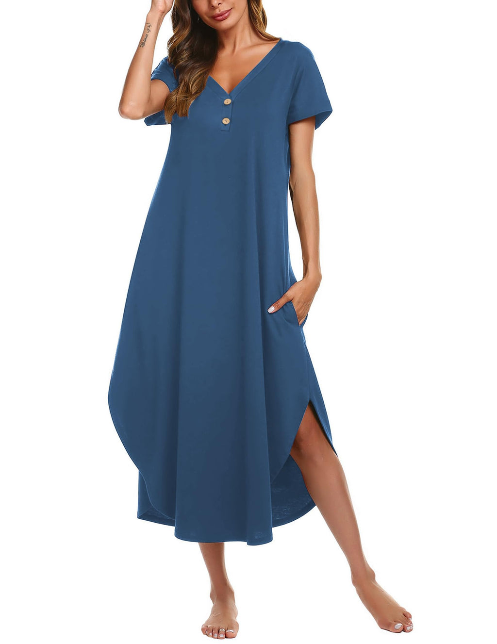 Ekouaer Long Nightgowns For Women Short Sleeve Midi Nightgown With Pockets
