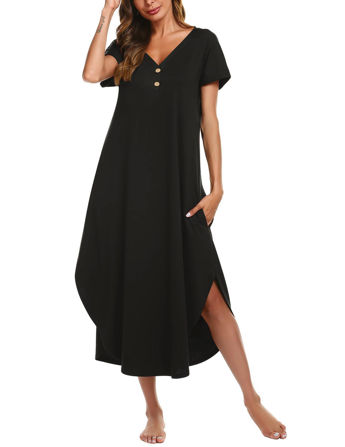 Ekouaer Long Nightgowns For Women Short Sleeve Midi Nightgown With Pockets