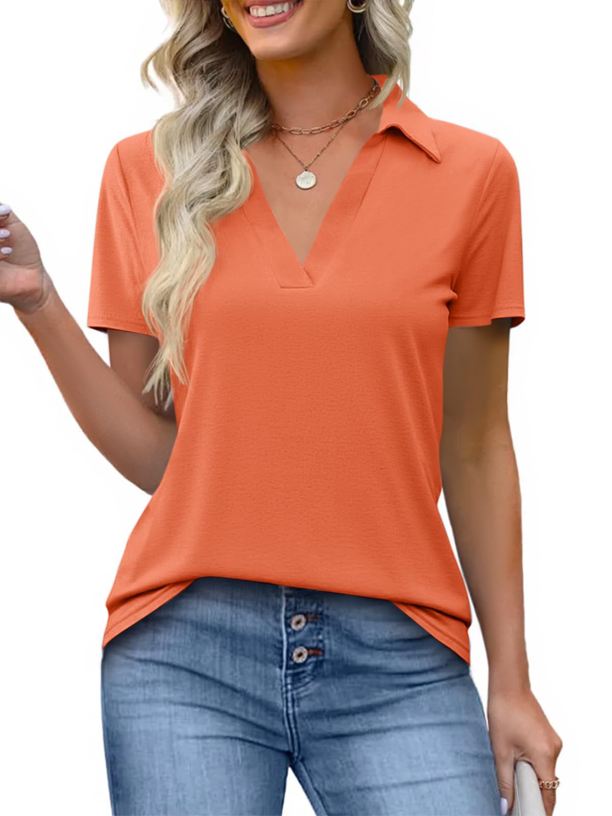 Imily Bela Womens Short Sleeve Polo Shirts V Neck Collared Tops