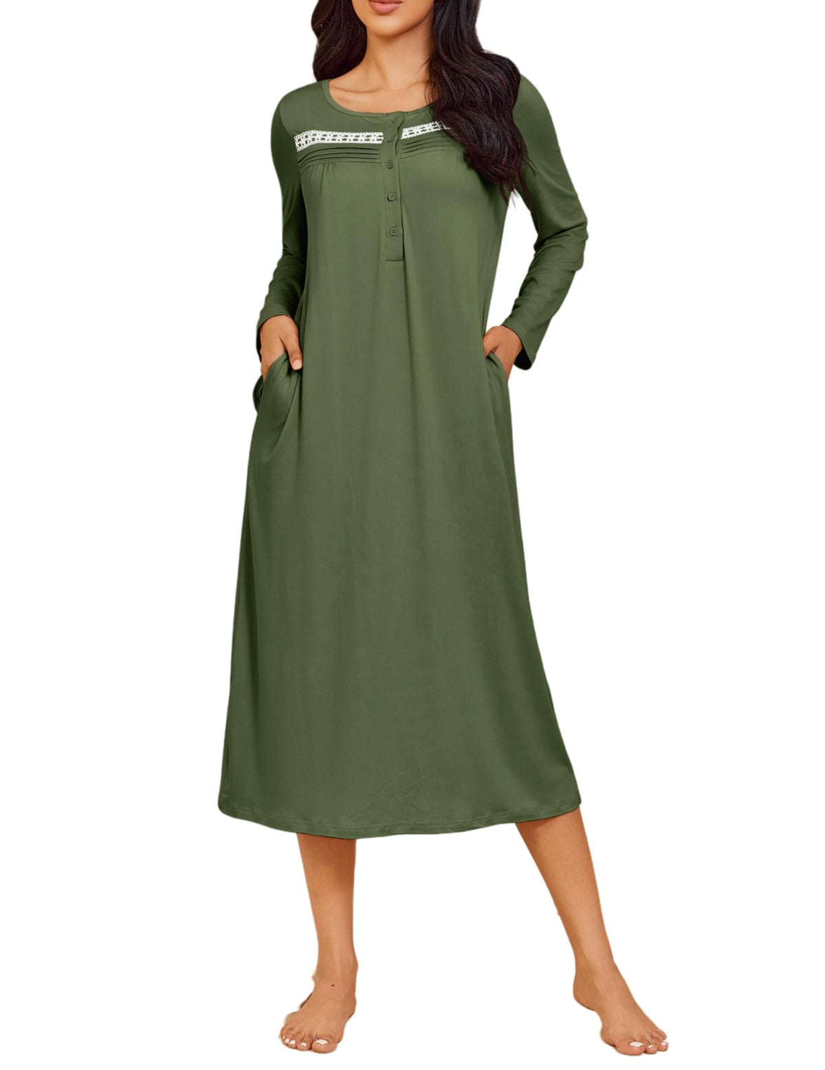 Ekouaer Long Sleeve Nightgown for Women Long Henley House Dress with Pocket