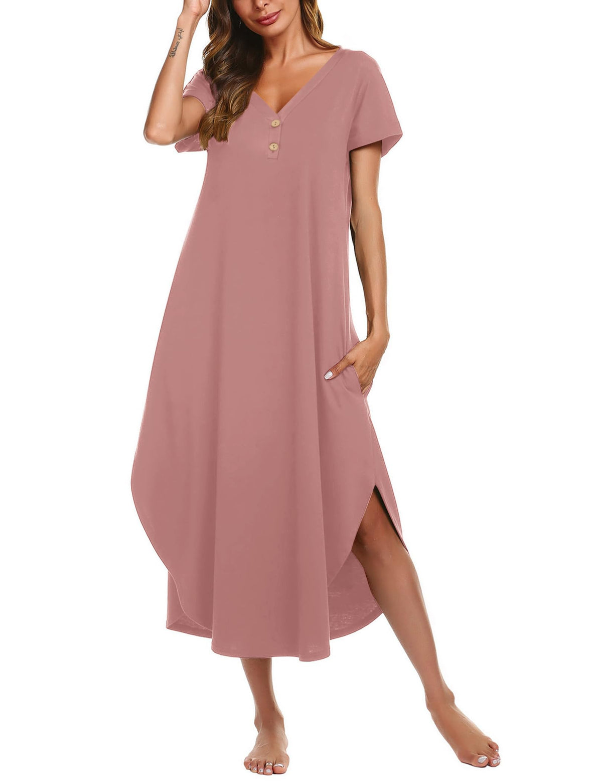 Ekouaer Long Nightgowns For Women Short Sleeve Midi Nightgown With Pockets