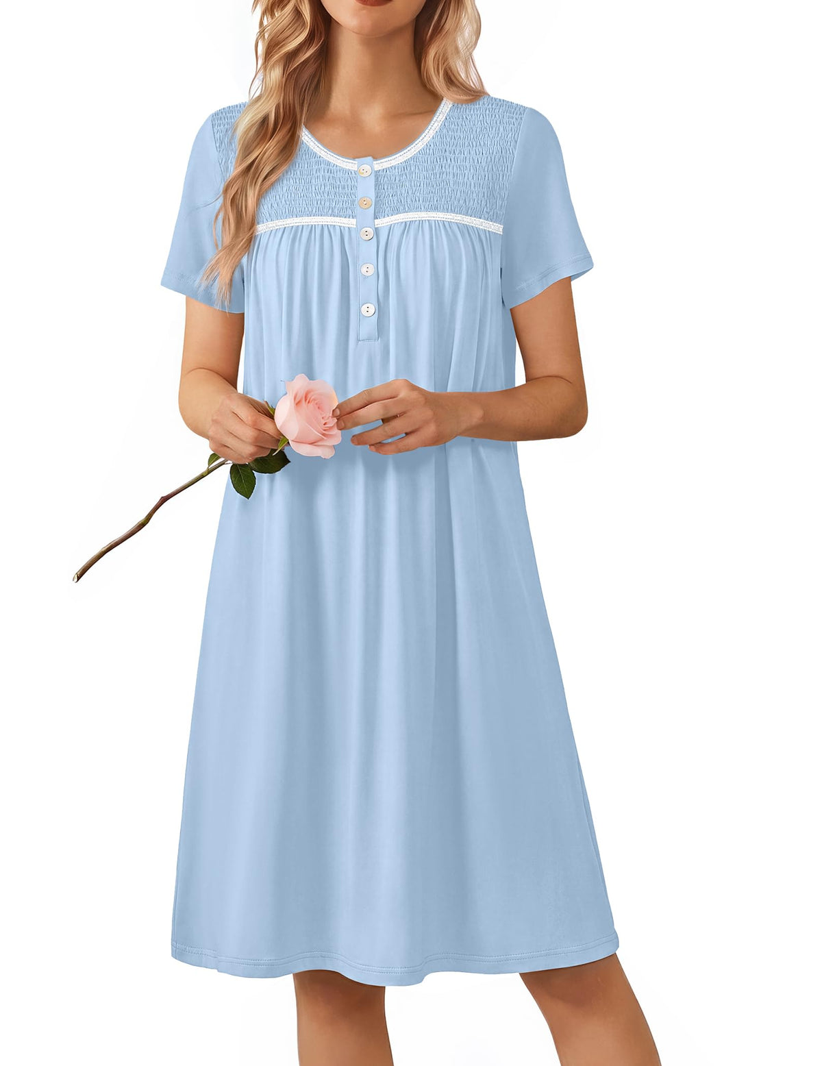 Ekouaer Nightgowns for Women Smocked Night Gown Short Sleeve Sleepshirts