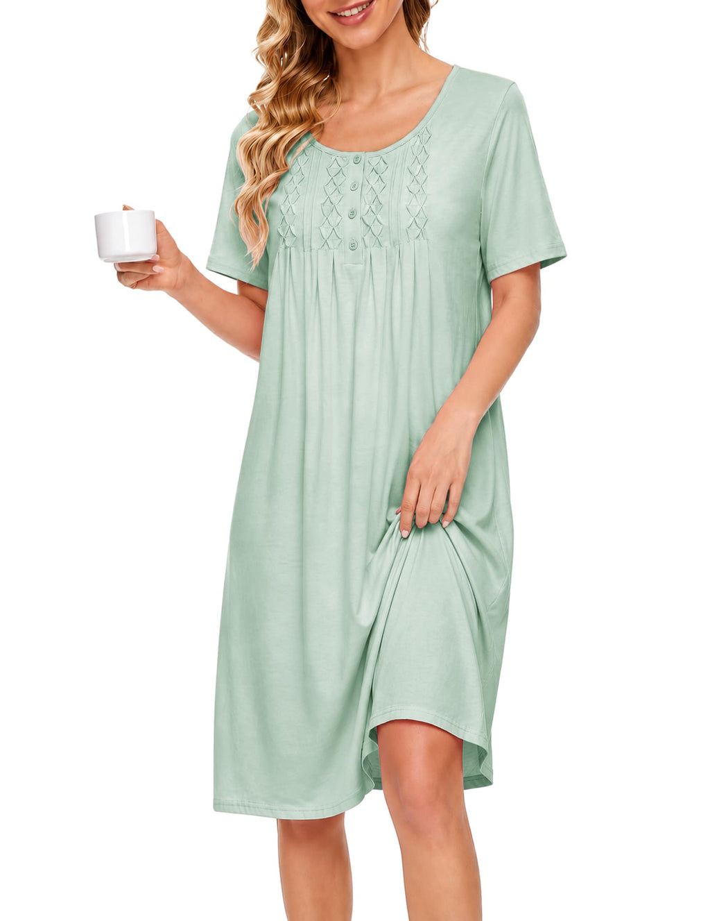 Ekouaer Cotton Nightgowns for Women Short Sleeve House Dress Pleated Moomoo