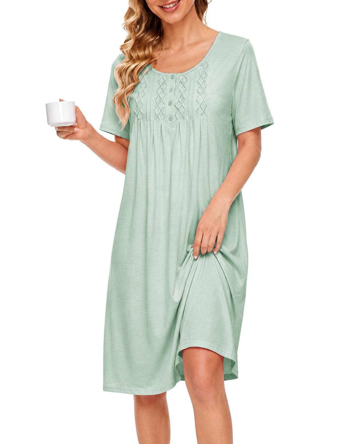 Ekouaer Cotton Nightgowns for Women Short Sleeve House Dress Pleated Moomoo
