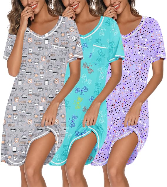 Ekouaer 3 Pack Nightgowns for Women Short Sleeve Sleep Shirt Soft Sleepwear