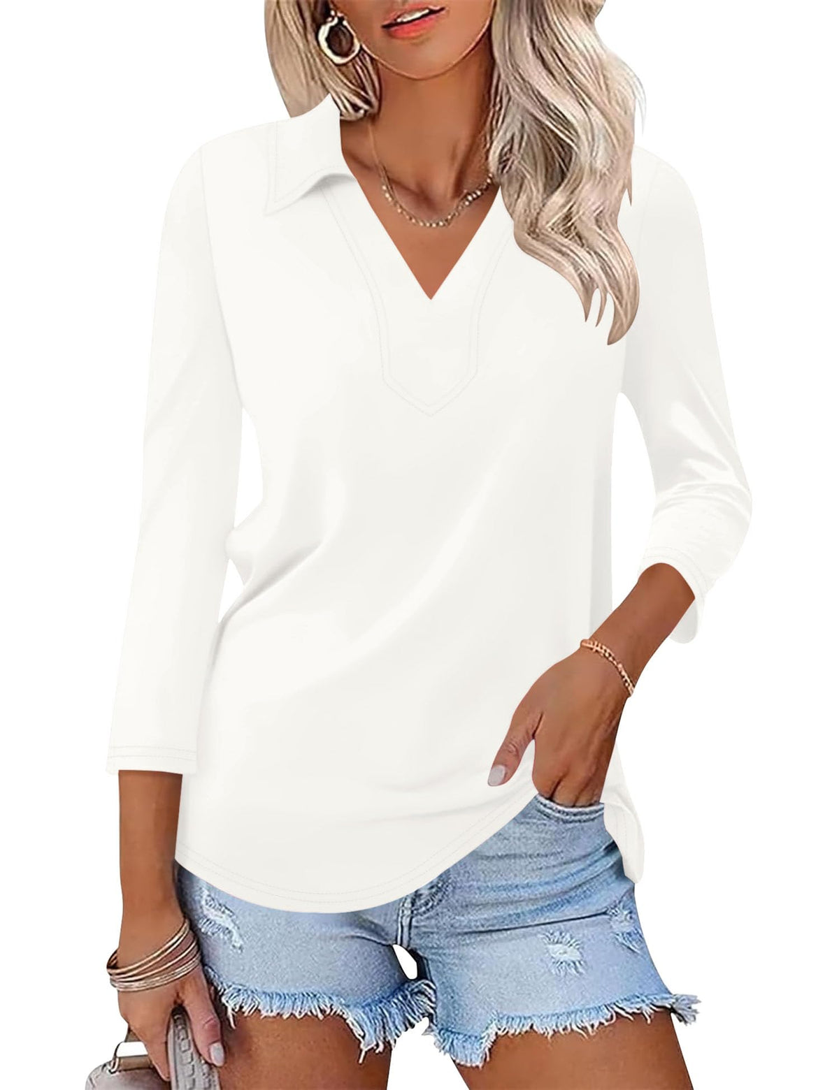 LOMON 3/4 Sleeve Womens Tops Summer Collared Polo Shirts V Neck Polos Tees