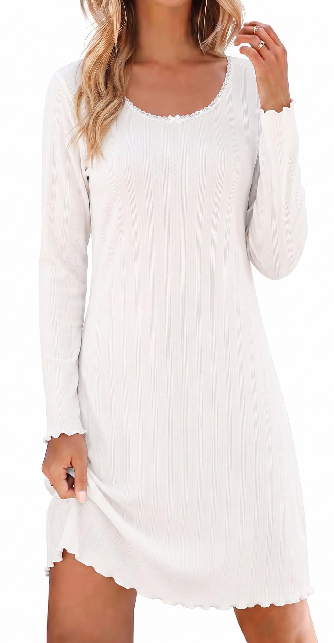 Ekouaer Women's Long Sleeve Nightgown Soft Ribbed Sleep Dress Night Shirt