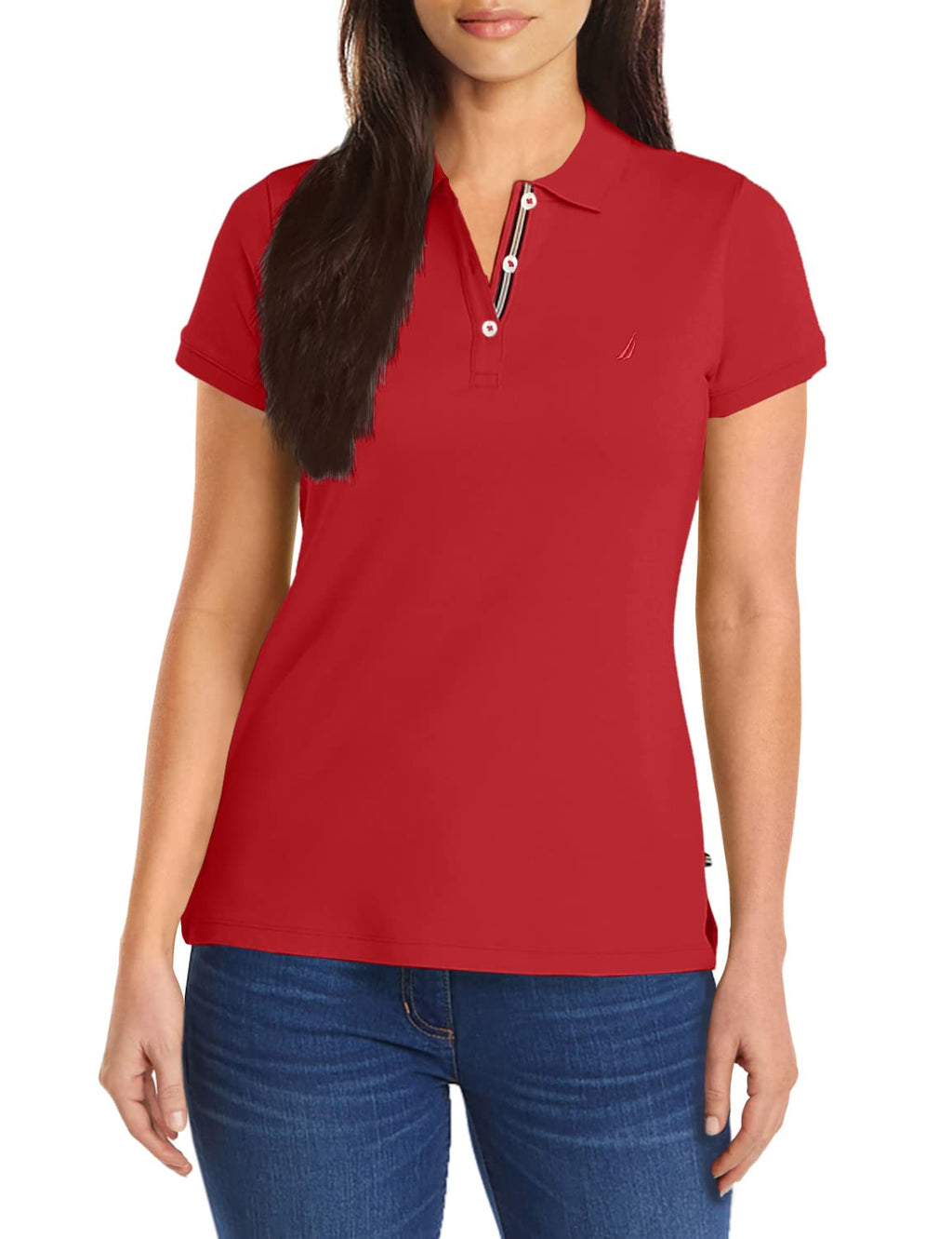 Nautica Women's 3-Button Short Sleeve Breathable 100% Cotton Polo Shirt