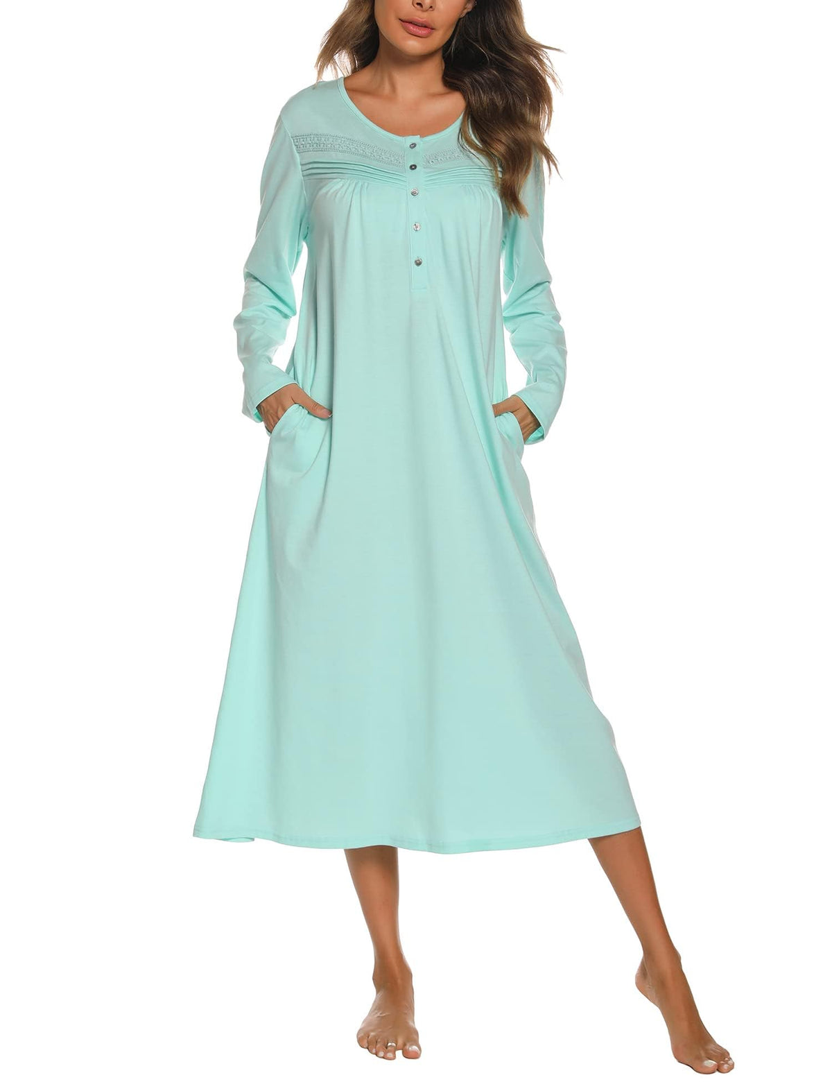 YOZLY Nightgowns for Women Soft Cotton Long Sleeve Night Gwon with Pockets
