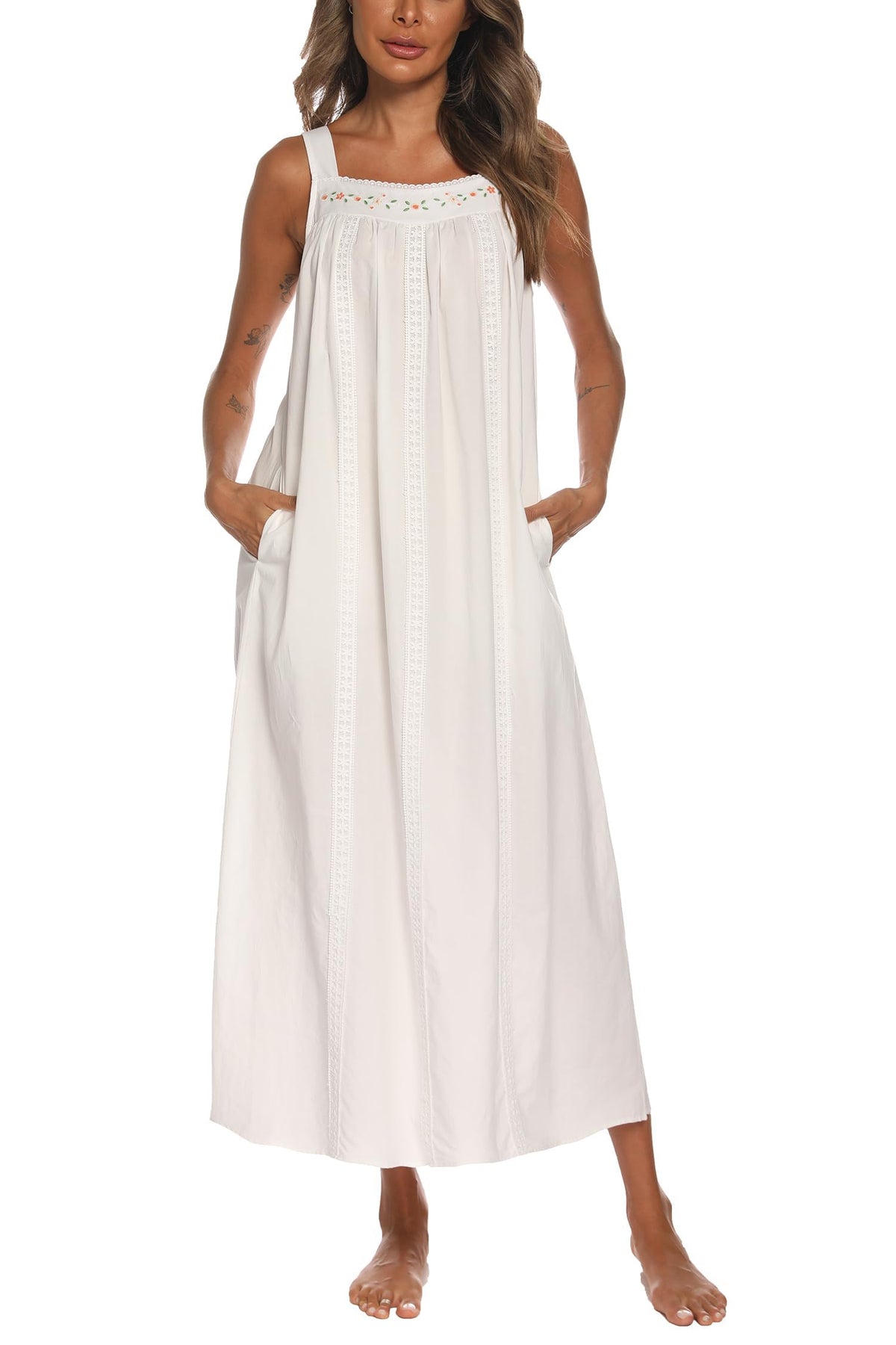 YOZLY Cotton Nightgowns for Women Embroidery Sleeveless Night Gown with Pockets S-XXXL