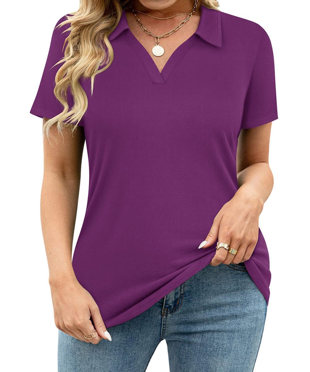 TIYOMI Plus Size Collared Polo Shirts Summer Short Sleeve V Neck Business Tops for Women XL-5XL