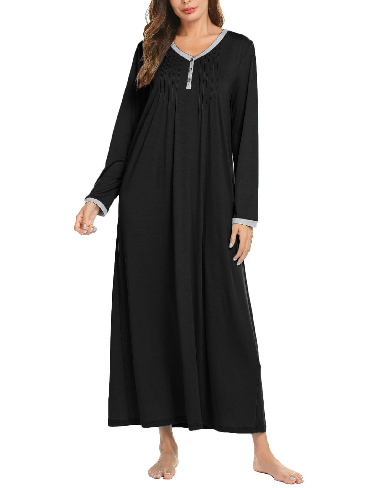 Ekouaer Women's Long Sleeve Nightgown Full Length Sleepwear Long Sleepshirts Henley Sleep Dress