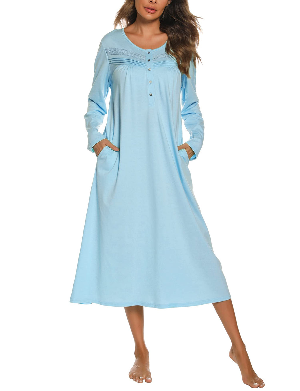 YOZLY Nightgowns for Women Soft Cotton Long Sleeve Night Gwon with Pockets