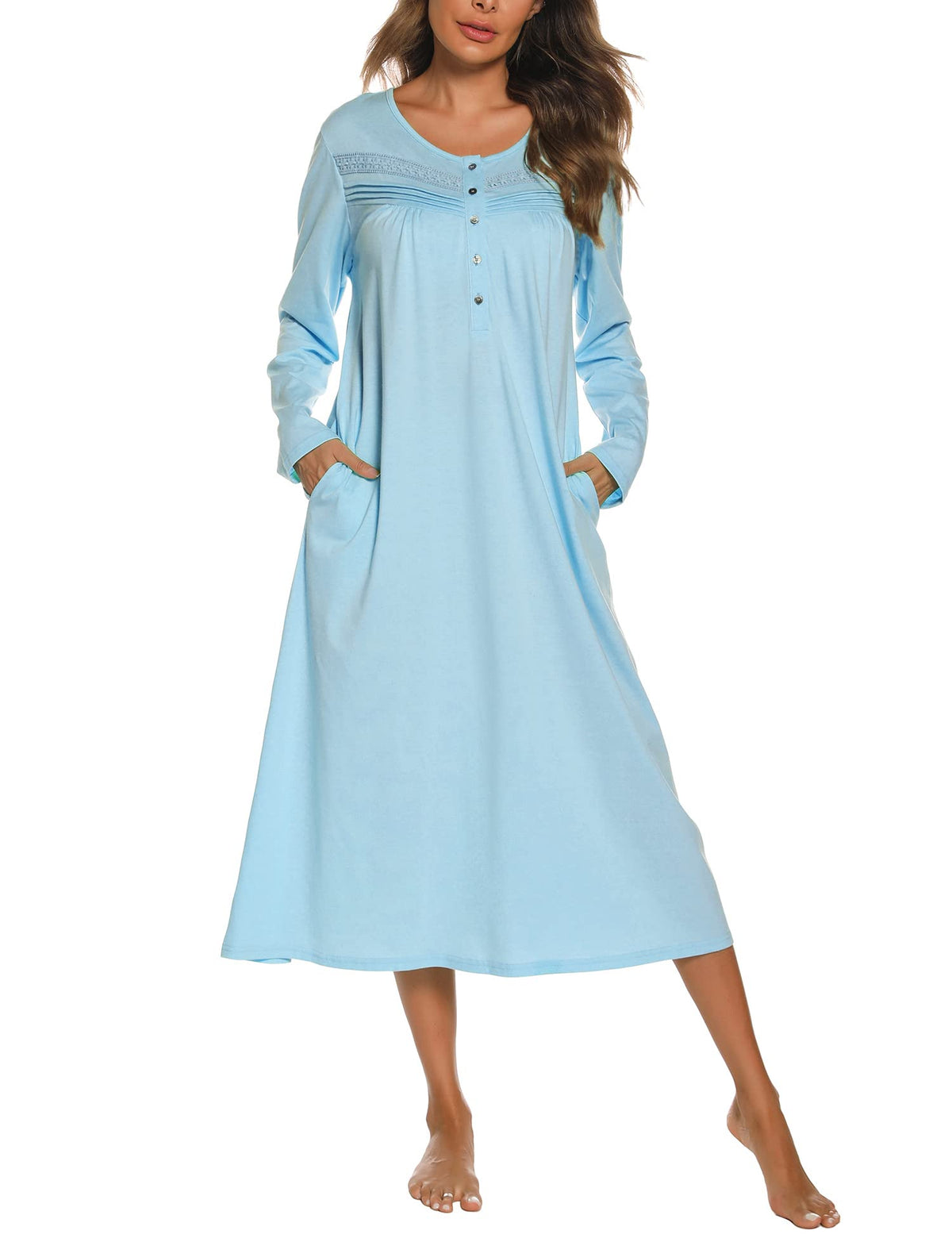 YOZLY Nightgowns for Women Soft Cotton Long Sleeve Night Gwon with Pockets