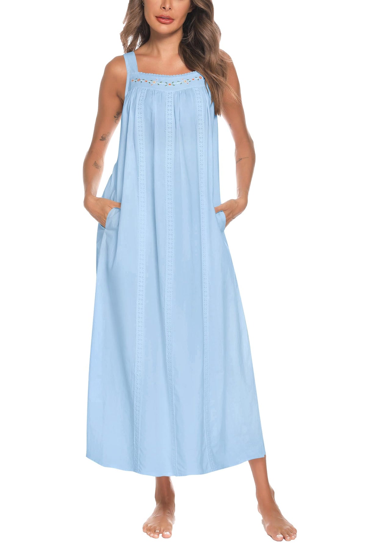 YOZLY Cotton Nightgowns for Women Embroidery Sleeveless Night Gown with Pockets S-XXXL
