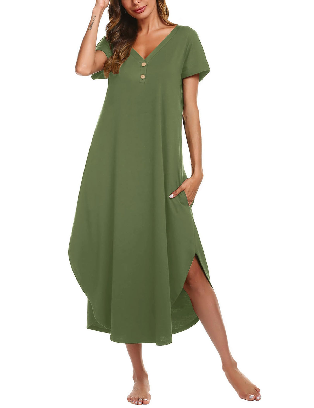 Ekouaer Long Nightgowns For Women Short Sleeve Midi Nightgown With Pockets