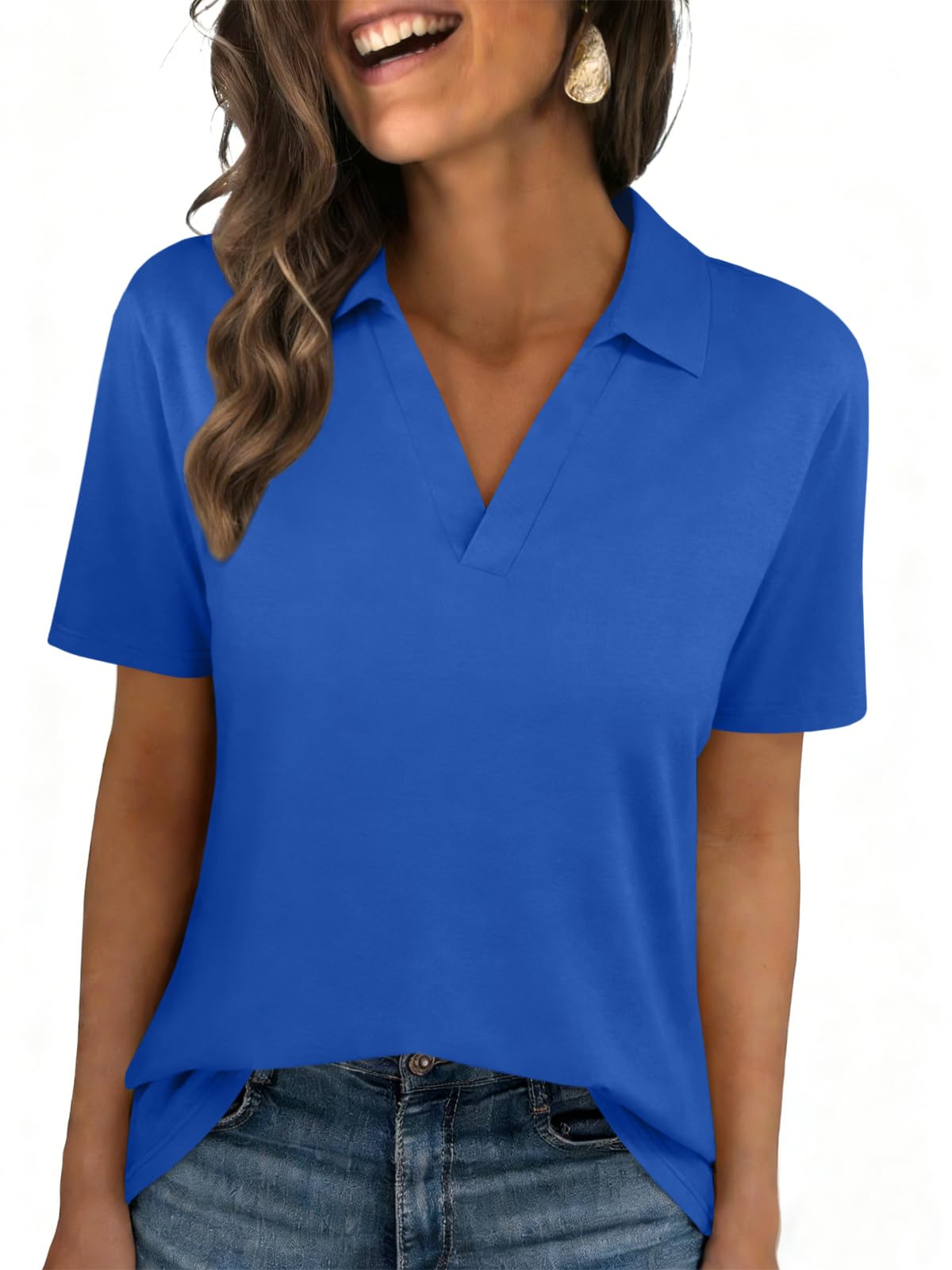 Womens Polo Shirts Short Sleeve V Neck Collared Business Summer Blouse Top