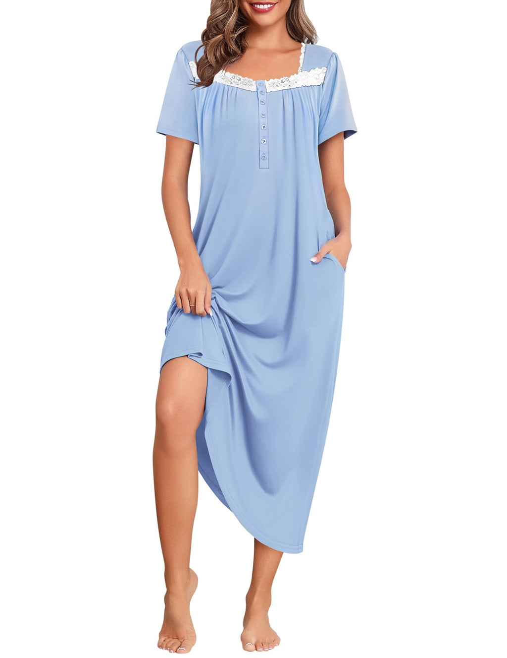 Ekouaer Long Nightgowns for Women Short Sleeve House Dress with Pockets