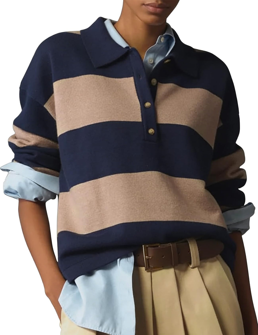 Wyeysyt Polo Sweater Women Rugby Shirt Striped Collared Sweaters