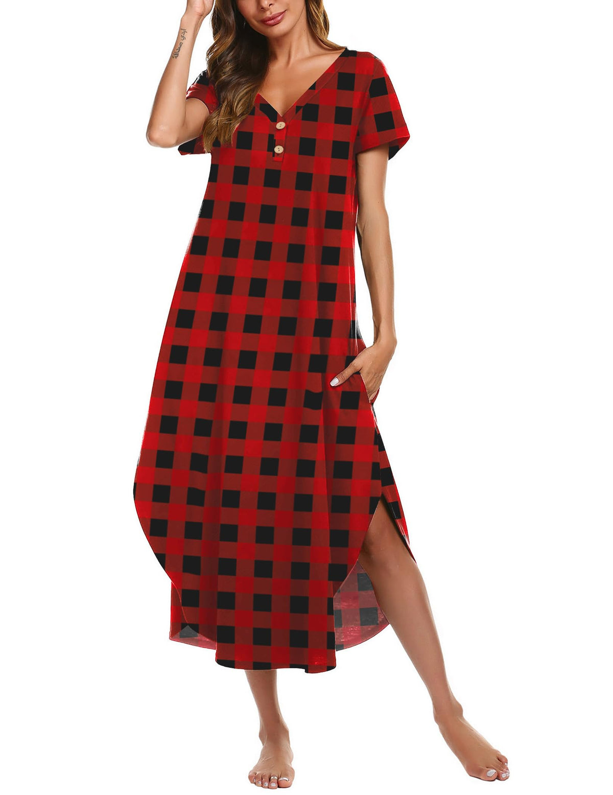 Ekouaer Long Nightgowns For Women Short Sleeve Midi Nightgown With Pockets