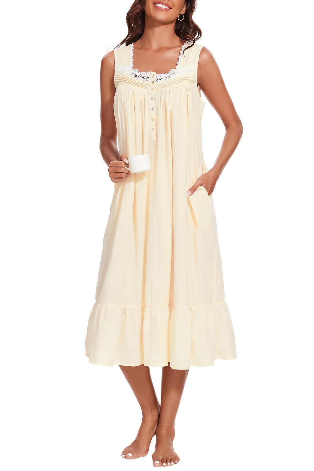 AVIIER 100% Cotton Nightgowns for Women Sleeveless Sleep Dress Ladies Gowns Sleepwear with Pockets