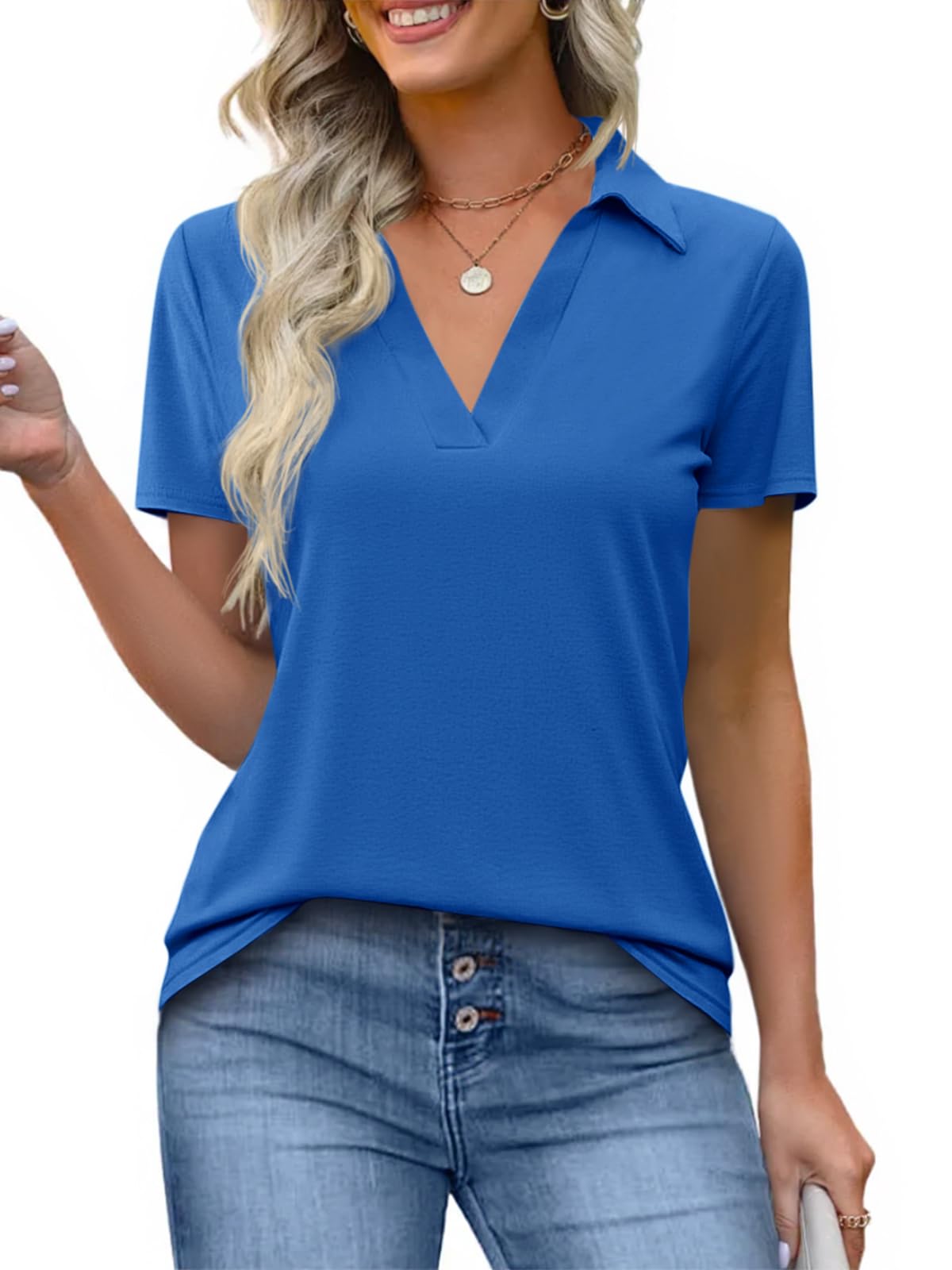 Imily Bela Womens Short Sleeve Polo Shirts V Neck Collared Tops