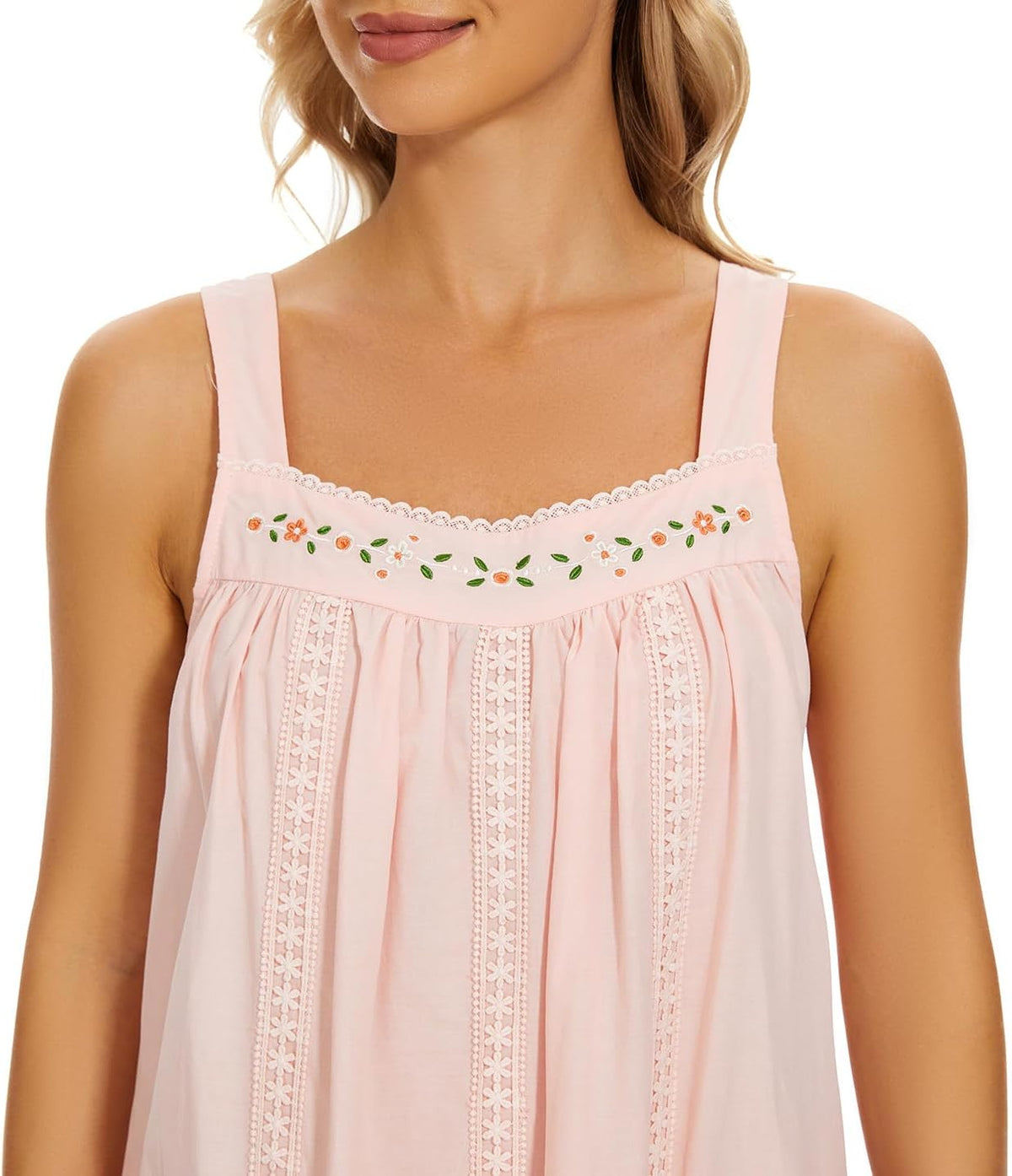 YOZLY Cotton Nightgowns for Women Embroidery Sleeveless Night Gown with Pockets S-XXXL