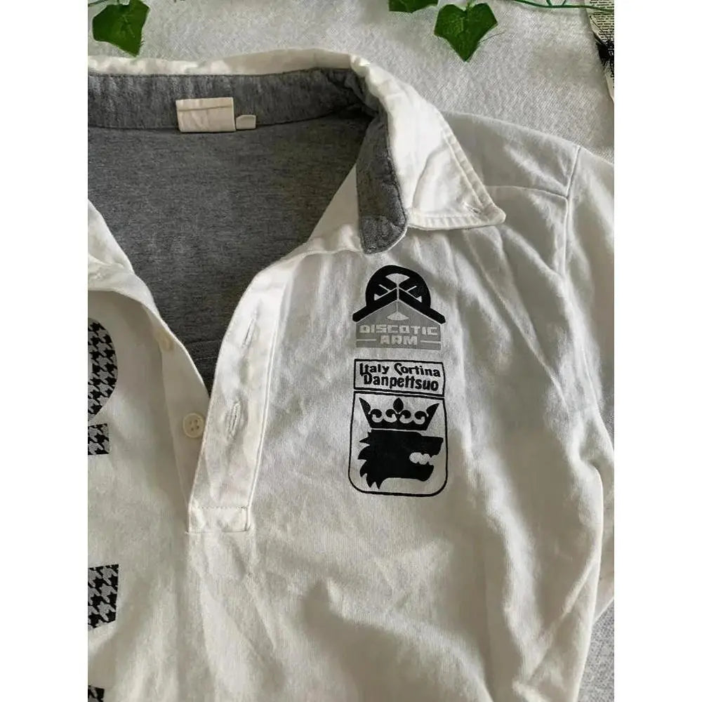 Women's Slim-Fitting Vintage Harajuku Polo Shirt - 2025 White Short-Sleeve Casual Button Clothing Item with Letter Badge Houndstooth Tops, Machine Washable Adult Wear-2598