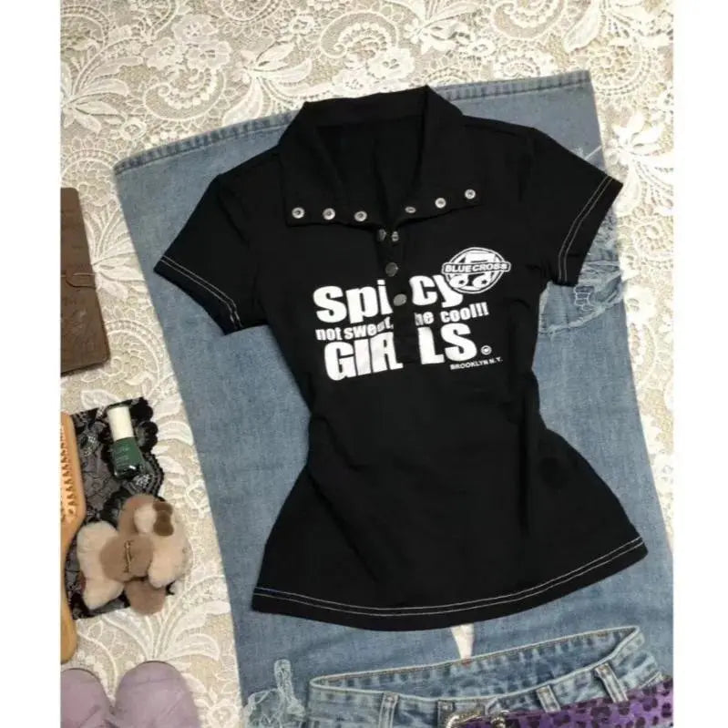 Women's Slim-Fitting Vintage Harajuku Polo Shirt - 2025 White Short-Sleeve Casual Button Clothing Item with Letter Badge Houndstooth Tops, Machine Washable Adult Wear-2598