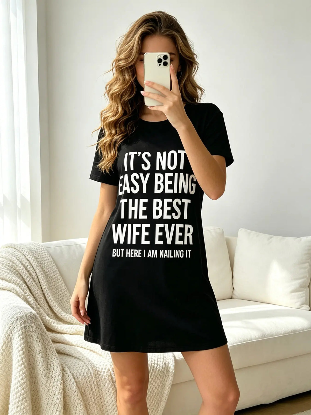 Women's Short Sleeve Round Neck Printed Nightgown, Spring Summer Wear, Black White Chic Slogan Print, Chic Aesthetic Style, Loose Fit, Breathable, For Daily Home Wear, Casual Wear And Home Office, Nightwear, Loungewear, Summer Sleepwear